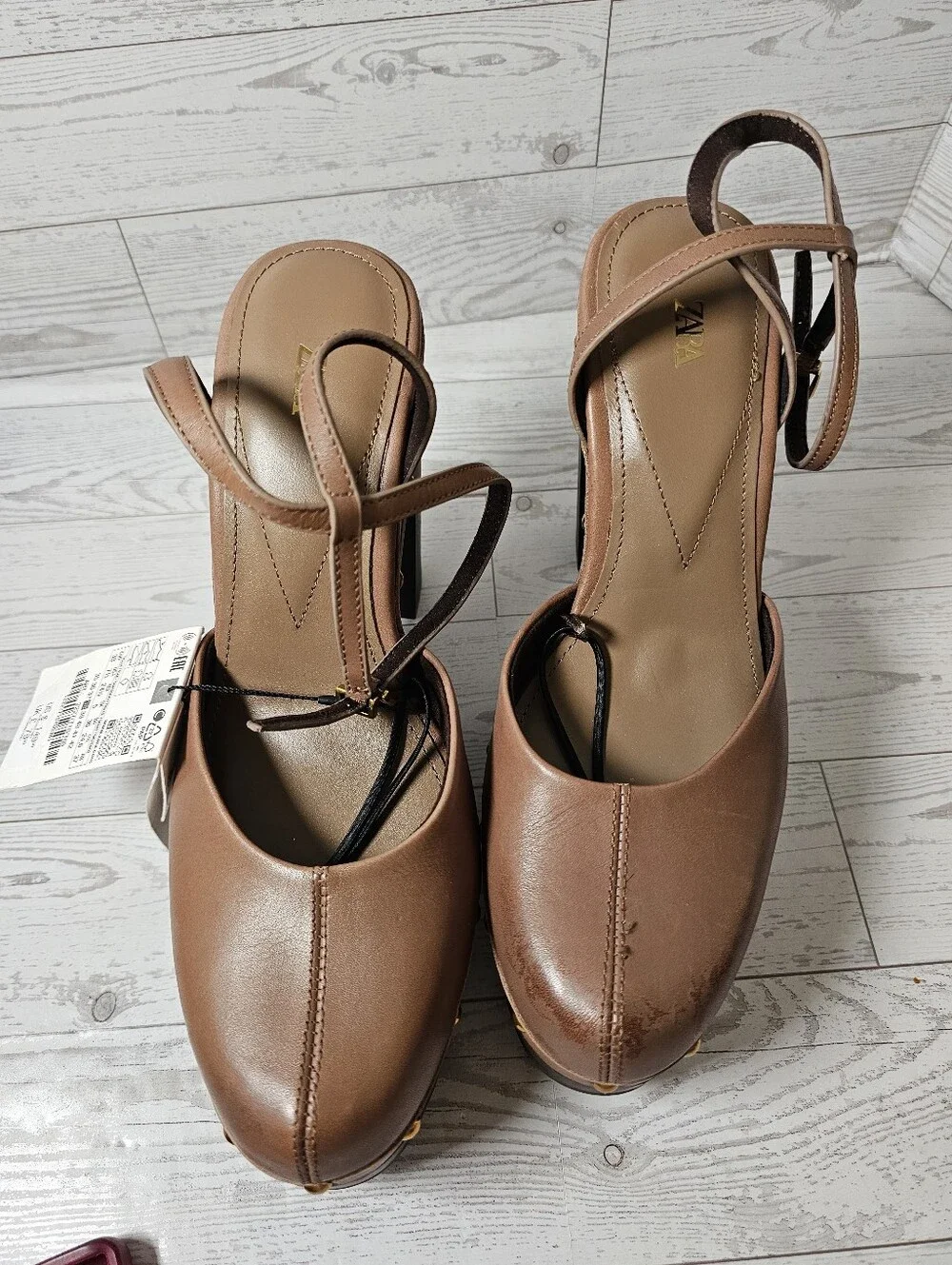 ZARA New Brown Leather Faux Wood Studded Platform Pumps Heels NWT Size 7.5